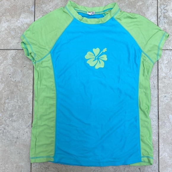Girls Swim Shirt w Cap Sleeves Blue & Lime Green w/ Hawaiian Flower XL 14/16 - Picture 2 of 5